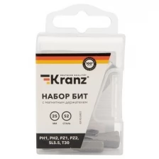 Kranz Набор бит KRANZ 25 мм PH1, PH2, PZ1, PZ2, SL5.5, T30 с магнитным держателем (7 шт./уп.) (5 уп.)